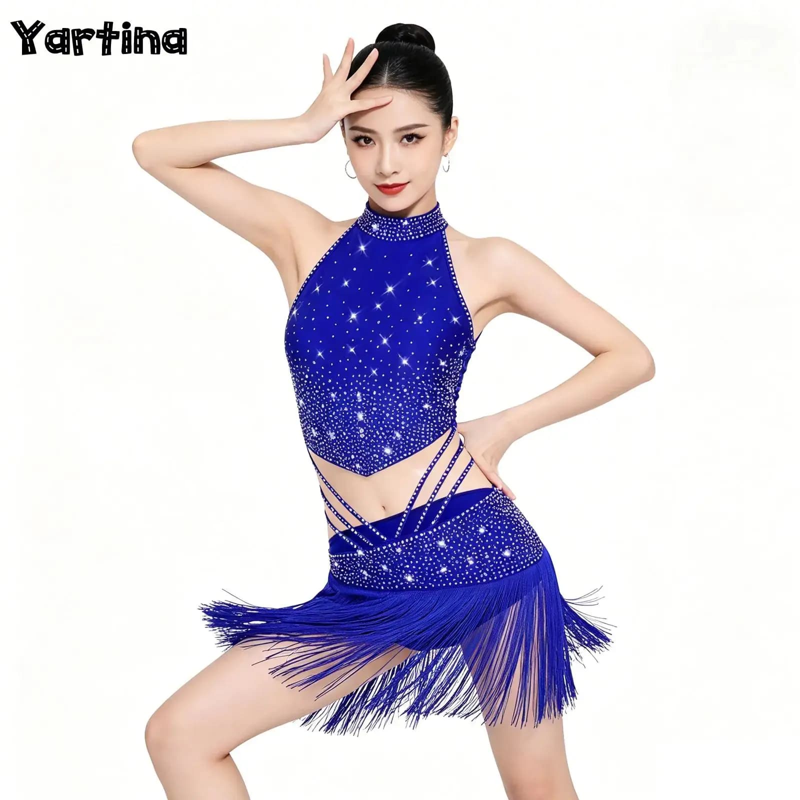 Donna Strass Ballo latino Performance Ginnastica Pattinaggio di figura Costume Abiti da ballo jazz Nappe Body da balletto Body