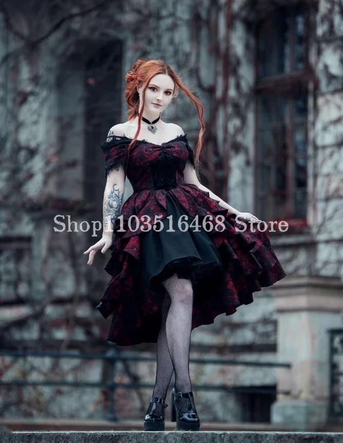 Black Red Gothic Prom Dress Vintage Strapless Applique Puffy Short Vampire Civil War Victorian Edwardian vestidos de festaCustom