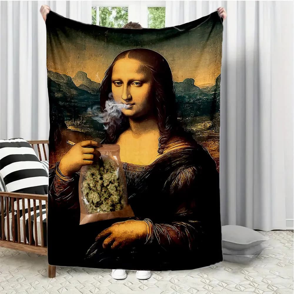 Interessante coperta stampata in flanella con motivo Mona Lisa adatta a tutte le stagioni adatta per divano da ufficio e viaggi