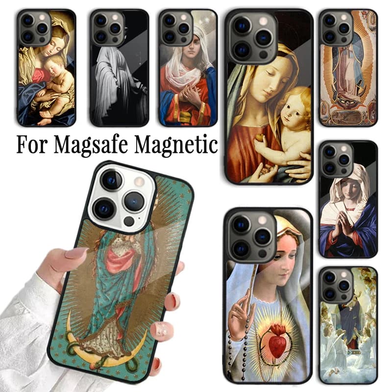 Cover per iPhone con immagine della Vergine Maria per iPhone 17 AIR 16 15 14 13 12 11 Pro Max Plus, custodia magnetica wireless Magsafe