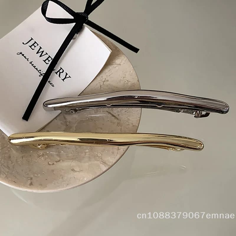 Fermaglio per capelli vintage da 11 cm da donna, in metallo dorato, a barretta lunga, liscio, con molla automatica, design a linea retta