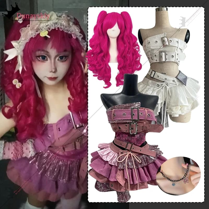 Y2K Stile Cosplay Vita bassa Patchwork Senza maniche Halter Top Irregolare rosa Mezza gonna Gonna corta sexy Costume HalloweenDisguise