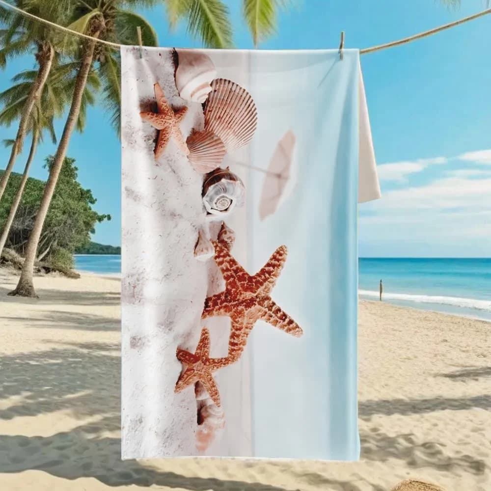 Telo Mare in Microfibra con Stampa Stella Marina e Conchiglie, Asciugatura Rapida, Anti-Sabbia, Design Vita Marina Tropicale per Nuoto e Viaggi