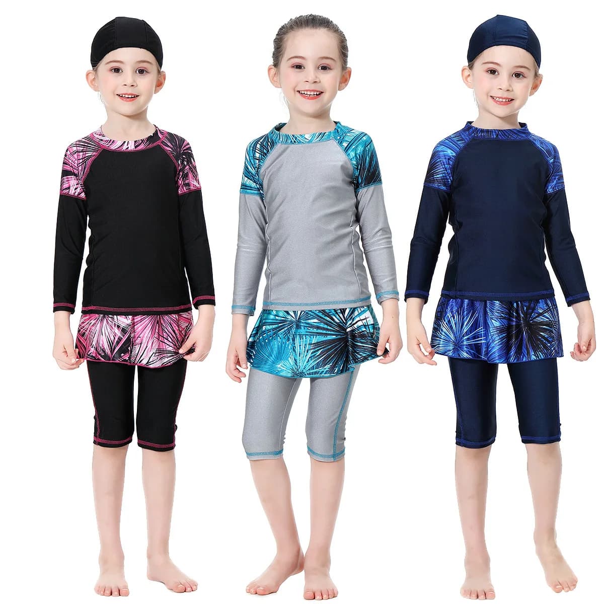 3 set Burkini costumi da bagno musulmani per ragazze costume da bagno per adolescenti estate inverno Islam donna nero blu scuro abbigliamento sportivo stile spiaggia