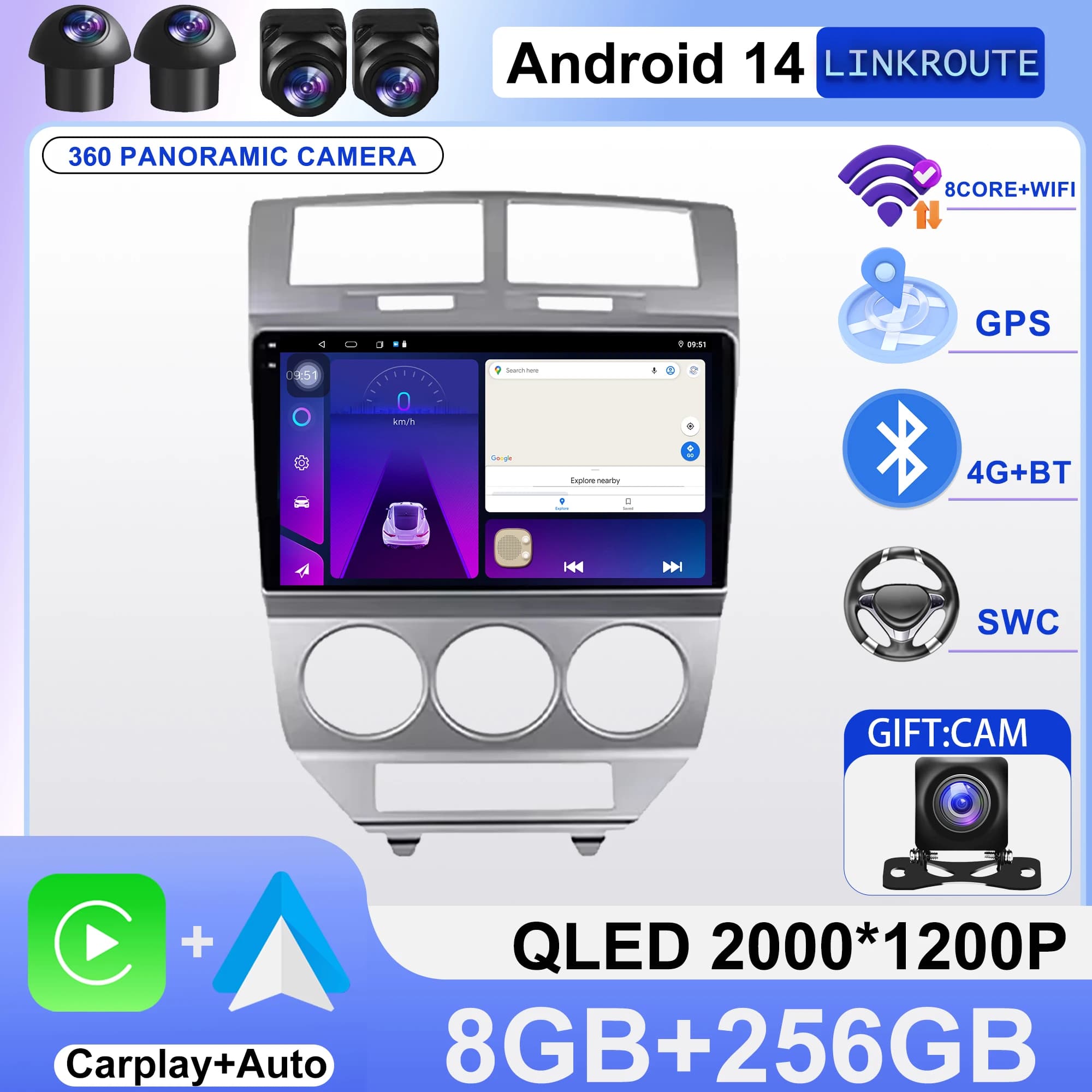 Autoradio For Dodge Calibre 2007 - 2010 GPS Navigation Multimedia Reader Stereo Camera Rear 5G WIFI BT Android Car No 2din DVD