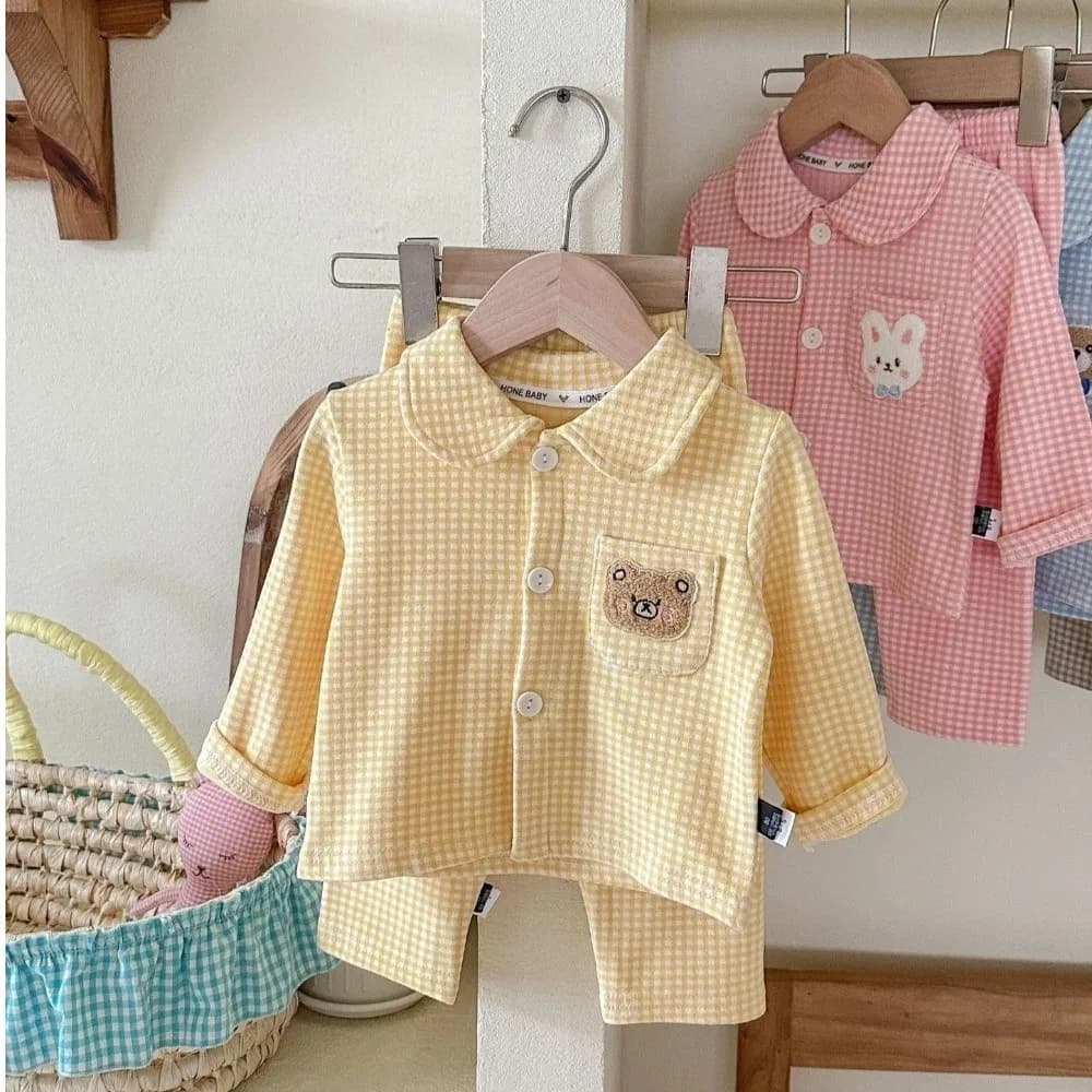 Pigiama a maniche lunghe per bambini, completo due pezzi stampato a quadri, set loungewear, pigiama top e pantaloni, abbigliamento da notte per bambini, per la casa