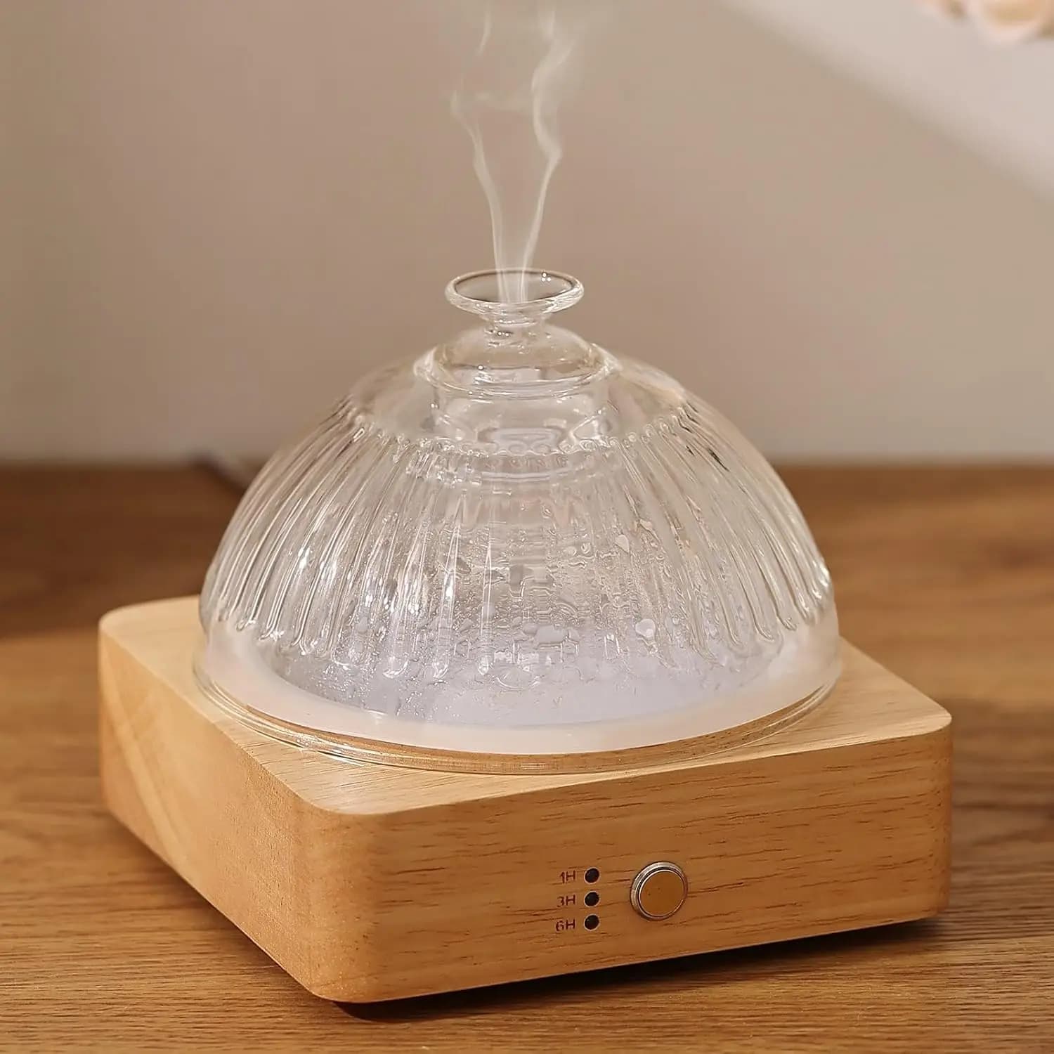 Diffusore di Oli Essenziali in Vetro da 200ml con Base in Legno, 7 Luci Colorate, Timer e Spegnimento Automatico per Casa e Ufficio