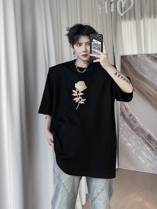 Summer Men's T-shirt Metal Rose Print Shoulder Pads Short Sleeve Casual Loose Fit Breathable Polyester round Neck Top
