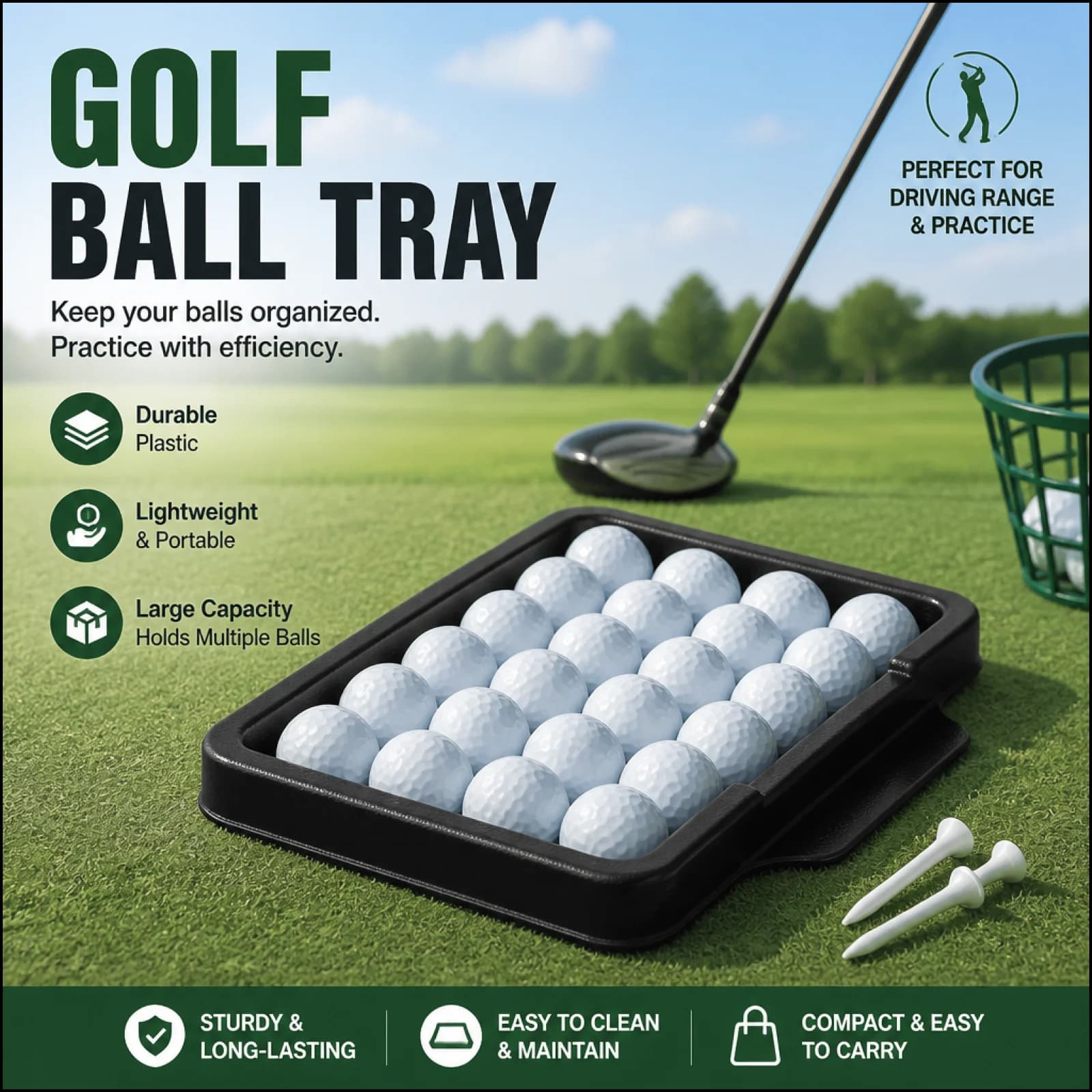 Golf Ball Tray Golf Ball Holder Storage Tray Practice Holds 51 Balls for Indoor Outdoor Sports Chipping Beginner Enthusiast