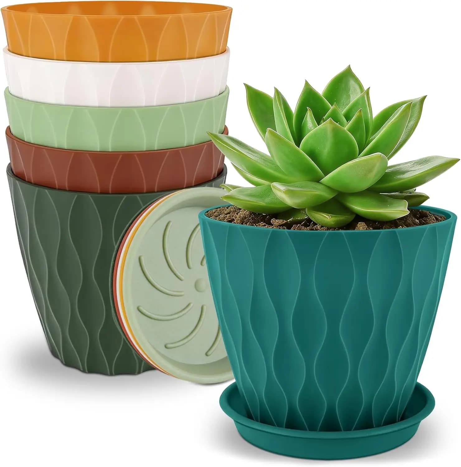 4 inch Plant Pots 6 Pack, Small Flower Pots Indoor Outdoor with Drainage Holes and Saucers, Plastic Planters for Succulents, Snake Plants, Pothos, Multicolor