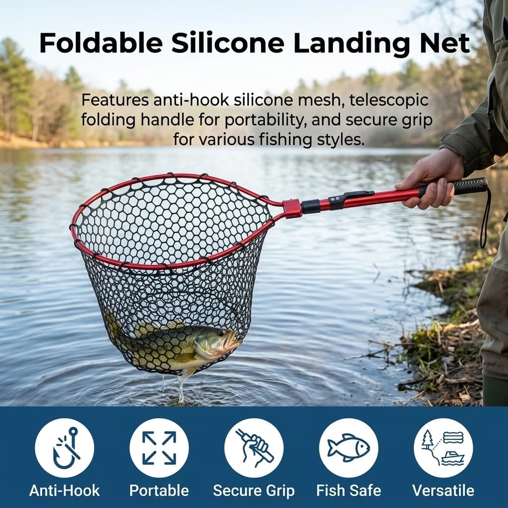 D35/40cm Landing Fishing Net Portable Folding Quick Drying Fishing Net Silicone Anti Hanging Dipnet Outdoor Fishing Accessory