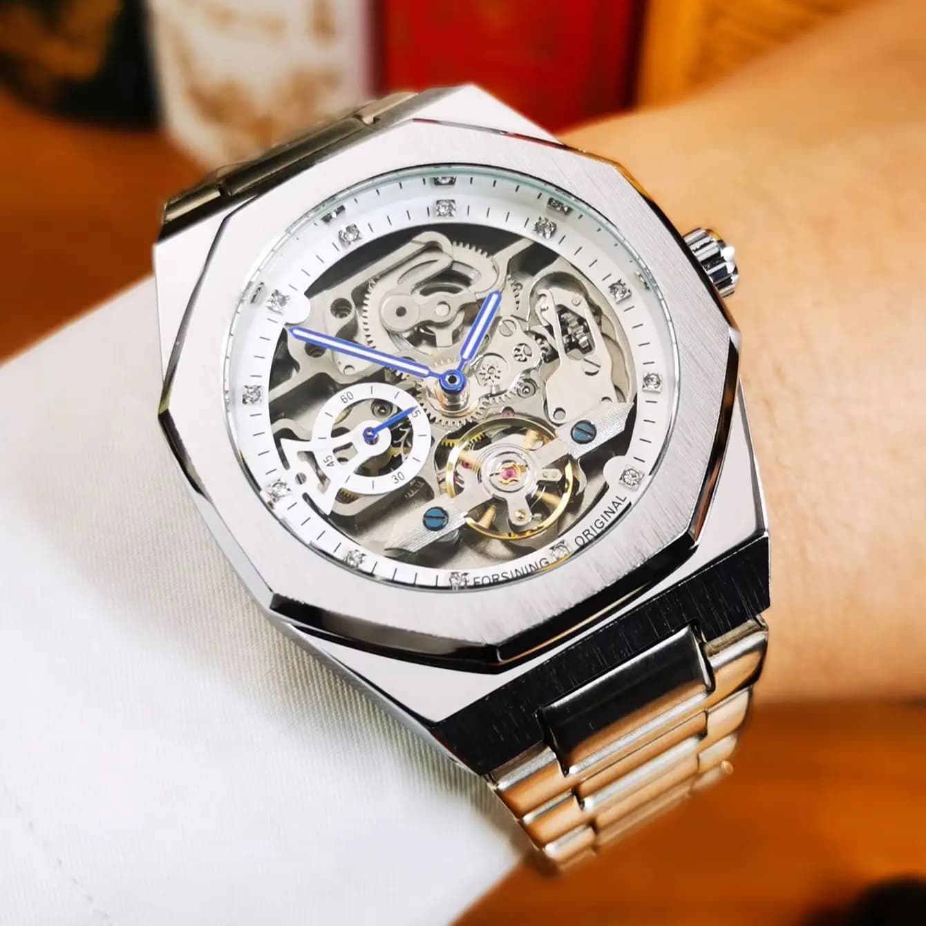 Forsining Fashion Business Mens Watches Top Brand Luxury Tourbillon Skeleton Automatic Mechanical Watch for Men Stainless Steel Strap Wristwatches
