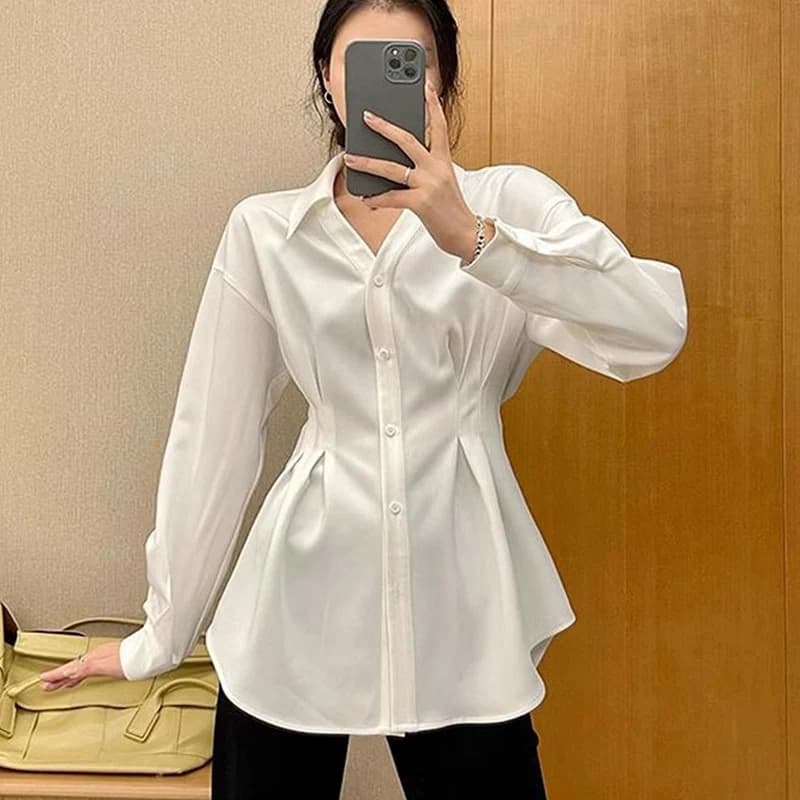 Women's Long Sleeve Long Sleeves Slimming Short Waist Women's Spring Autumn All-Match Single-breasted shirt chic New tempera Solid Tops