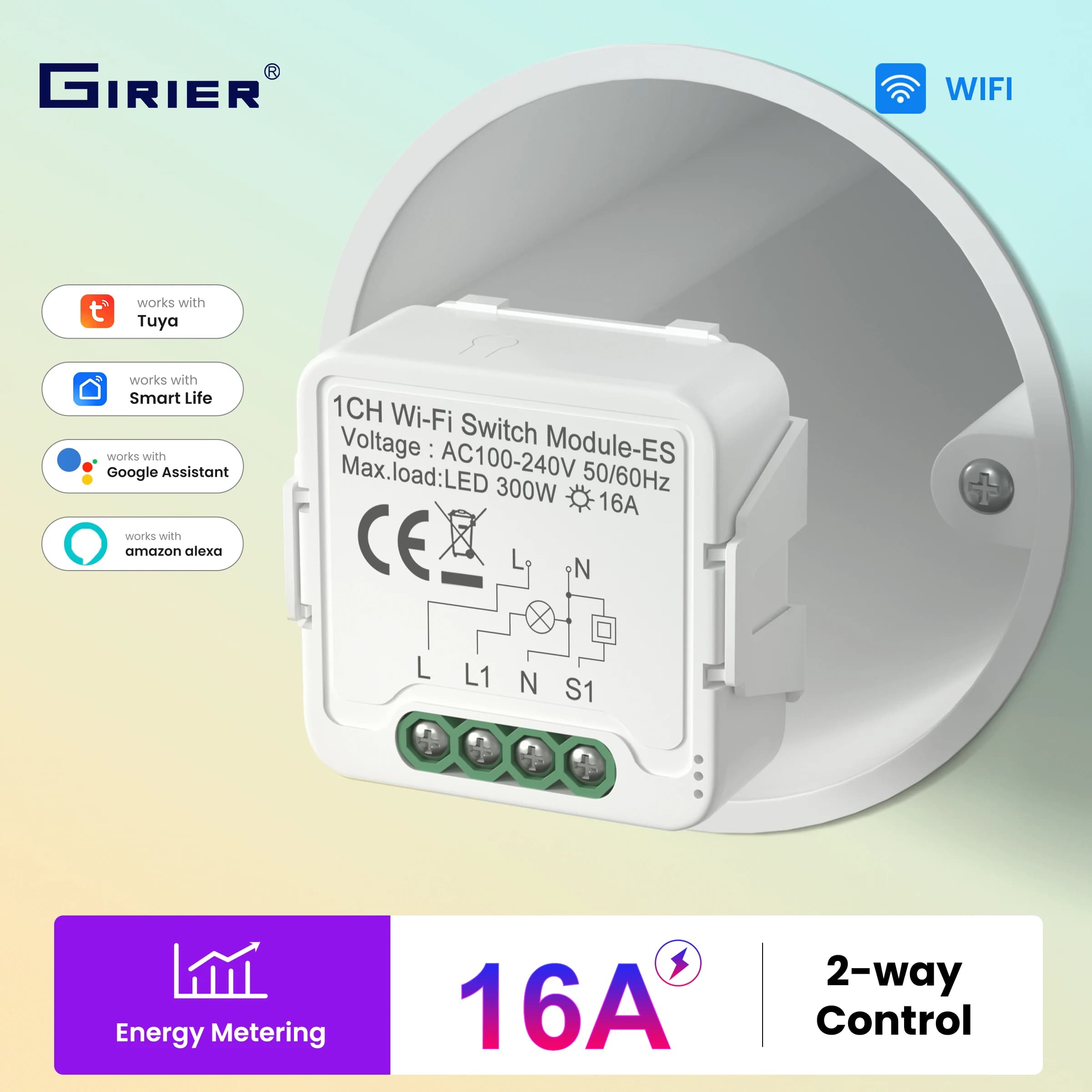Modulo Interruttore Intelligente WiFi GIRIER Tuya con Monitoraggio Energetico 1/2 Canali, Richiede Cavo Neutro, Supporta Controllo a 2 Vie, Compatibile con Alexa