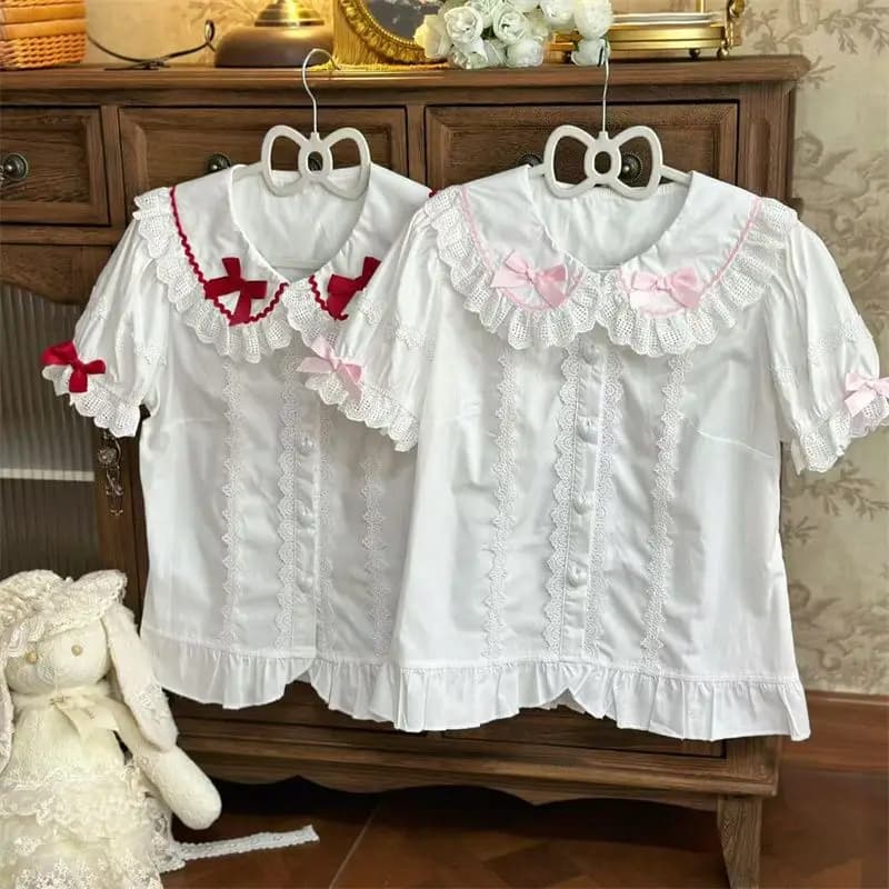Japanese Sweet Lolita Blouse Women White Short Sleeve Ruffle Black Bow Casual Top Retro Kawaii Subculture Afternoon Tea Outfit