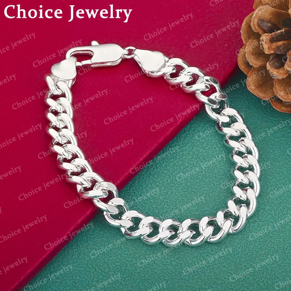 Bracciali in Argento Sterling 925 con Catena Laterale da 10mm e Chiusura a Moschettone per Uomo e Donna, Accessori di Moda per Matrimoni e Feste