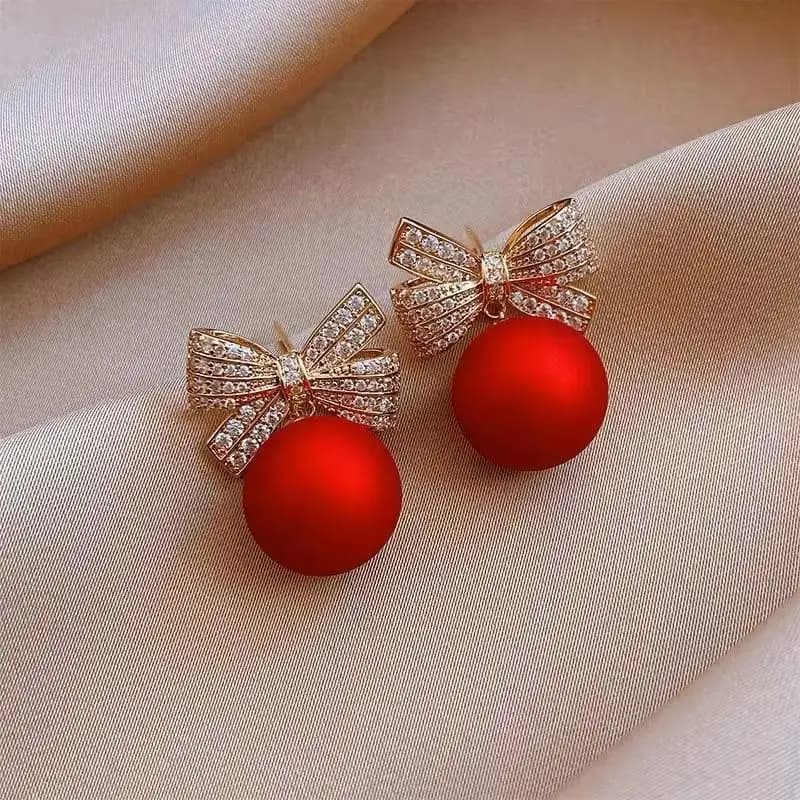 Eleganti orecchini con fiocco di perle per le donne Ragazza Gioielli natalizi Orecchini pendenti in cristallo con palla a cuore dolce Regalo per feste di Natale
