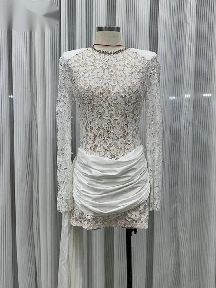 Abito da sera in pizzo alla moda con diamanti, scollo a O, maniche lunghe, tessuto jacquard, patchwork, forma pieghettata, vestito slim, nuovo 3UOKZ