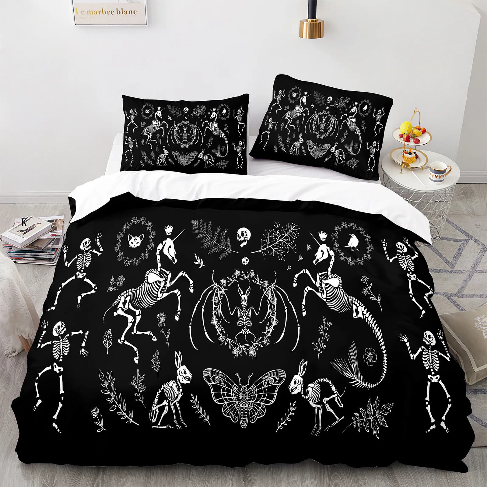 Death Moth Set copripiumino Queen Size Gothic Skull Boho copripiumino in bianco e nero scheletro decorativo morbido Set di biancheria da letto