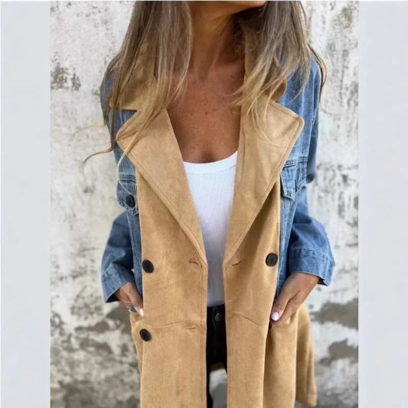Casual Women Cowboy Coats Jacket European American Fashion Suit Collar Denim Splicing Mid Length Jacket for Women Women Clothing