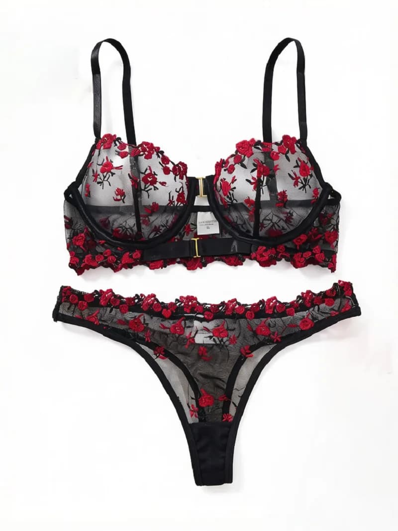 Women Embroidery Mesh Lingerie Set Sheer See Through Underwire Bra Panty Set Romantic Floral Transparent Intimate Lingerie