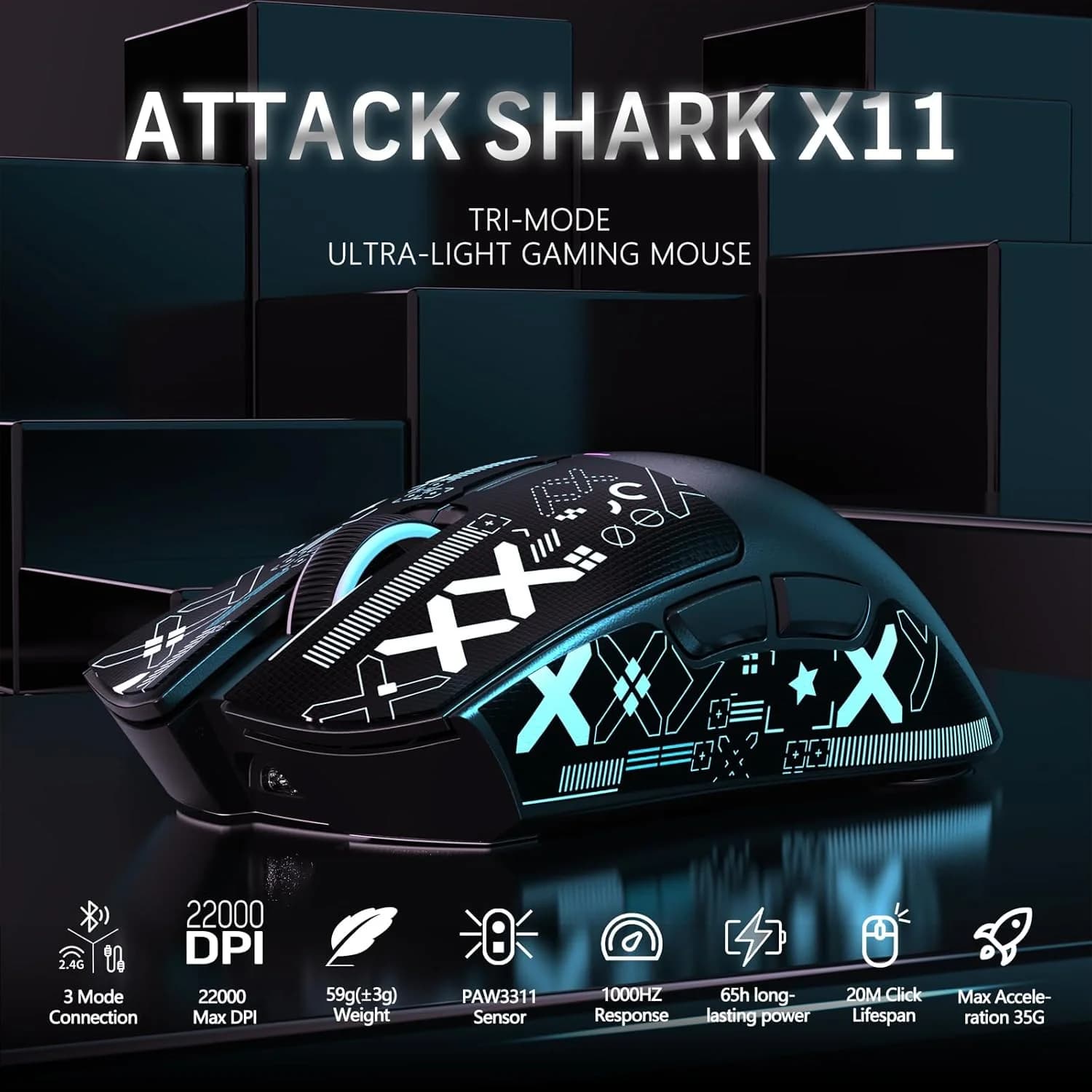 ATTACK SHARK X11 Wireless Gaming Mouse with RGB magnetic charging dock, wired/2.4G/BT, 22K DPI, superlight trimodal 59g with adhesive tape