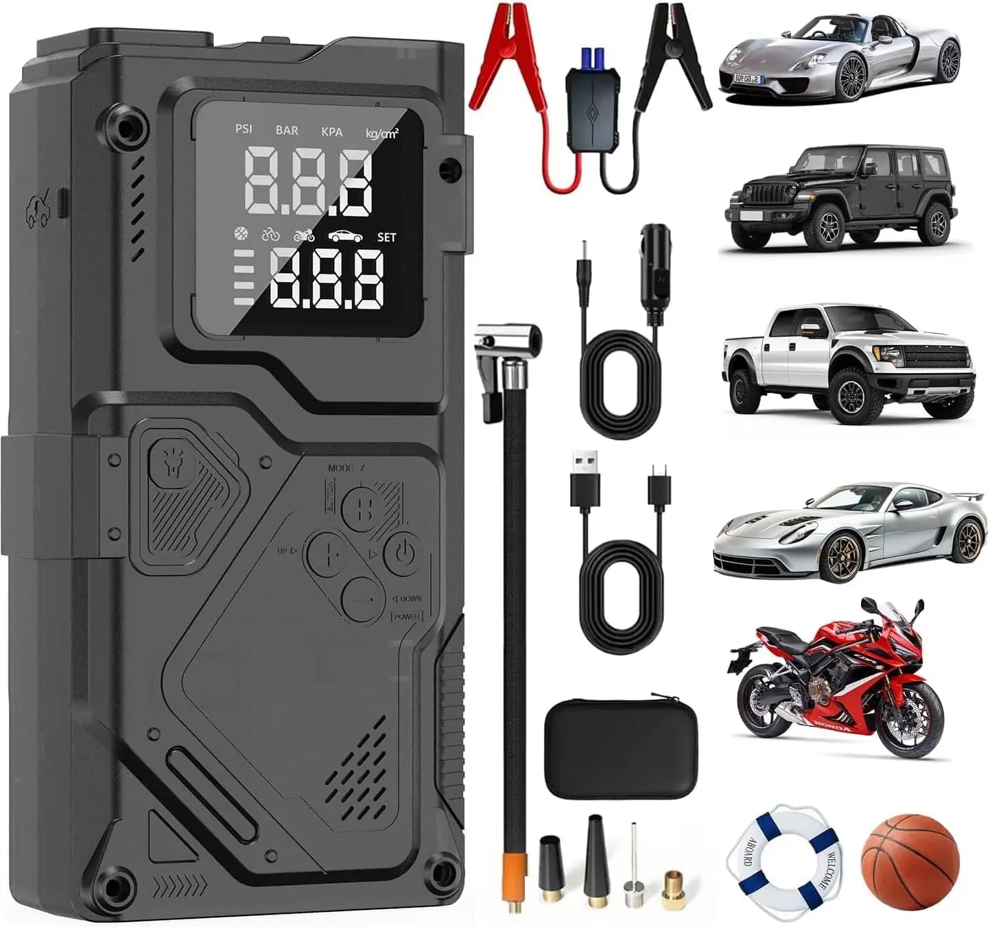 Avviatore d'Emergenza Portatile 3000A con Compressore d'Aria, Booster Batteria 12V e Gonfiatore Pneumatici per Tutti i Veicoli
