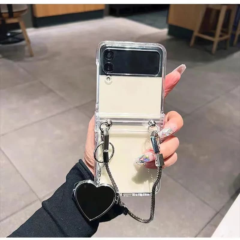 Custodia per telefono a catena con braccialetto a specchio con cuore d'amore di lusso per Samsung Galaxy ZFlip7 ZFlip6 ZFlip5 ZFlip4 3 Cover posteriore protettiva