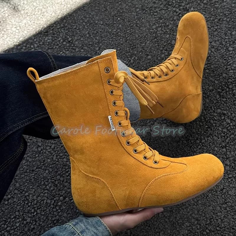 Fashion High Top Lace-Up Flat Boots for Men Outside Comfortable Breathbale Casual Shoes Male Mid-Calf Boxing Shoes
