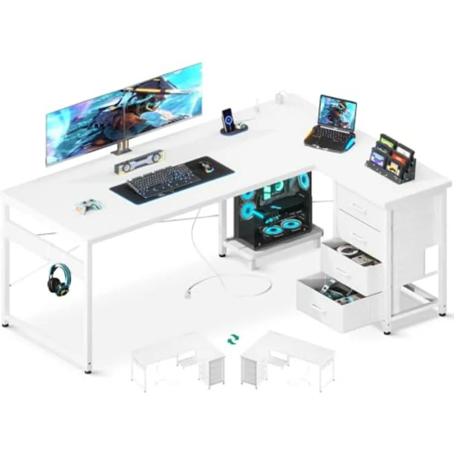 Scrivania a L da 61'' con 4 Cassetti, Scrivania Angolare Reversibile con Spazio di Archiviazione, Tavolo da Gaming con Prese di Corrente, Porte USB e Ripiano per PC