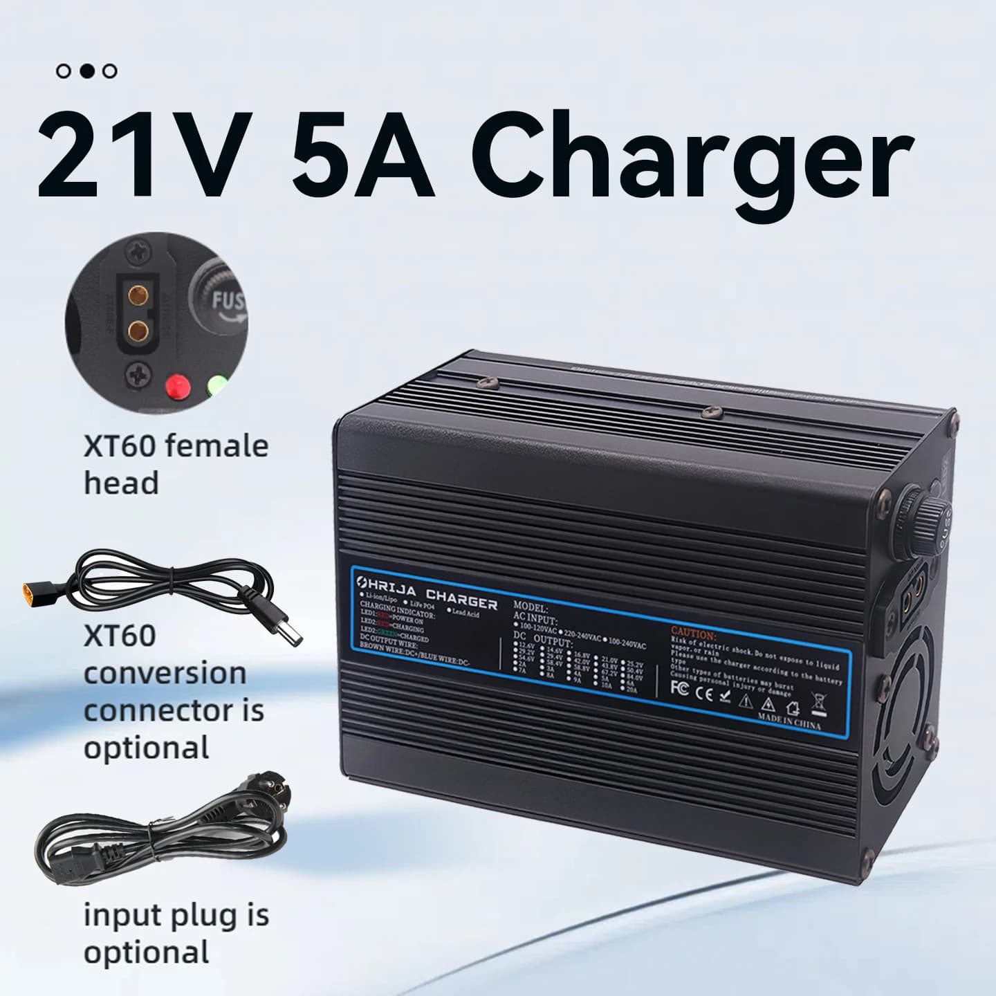 Caricatore al litio 21V 5A guscio rapido in alluminio adatto 5S 18,5V e connettore intercambiabile Stabilizzazione rapida con ventola di raffreddamento