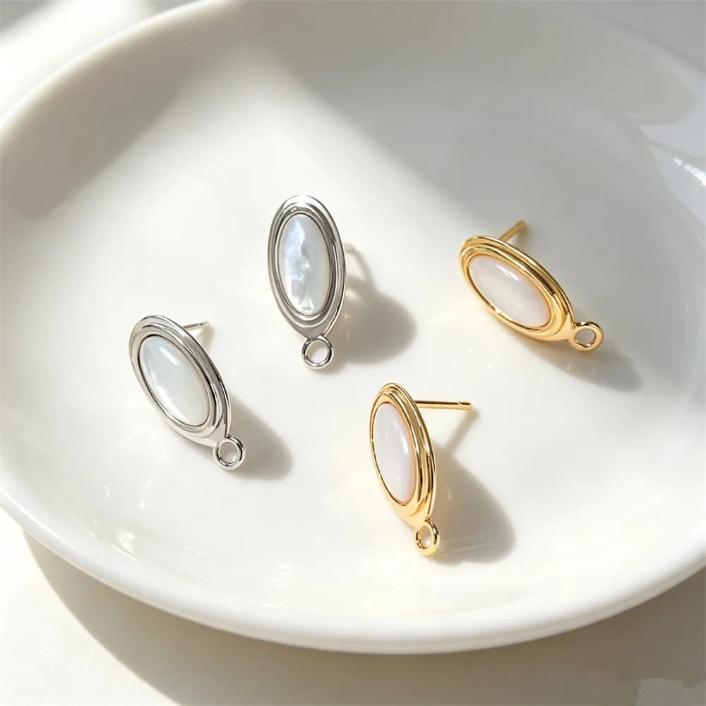 Brass 14K Real Gold Plated Retro Oval Shell Stud Earring Pin Pendant Loop DIY Jewelry Findings