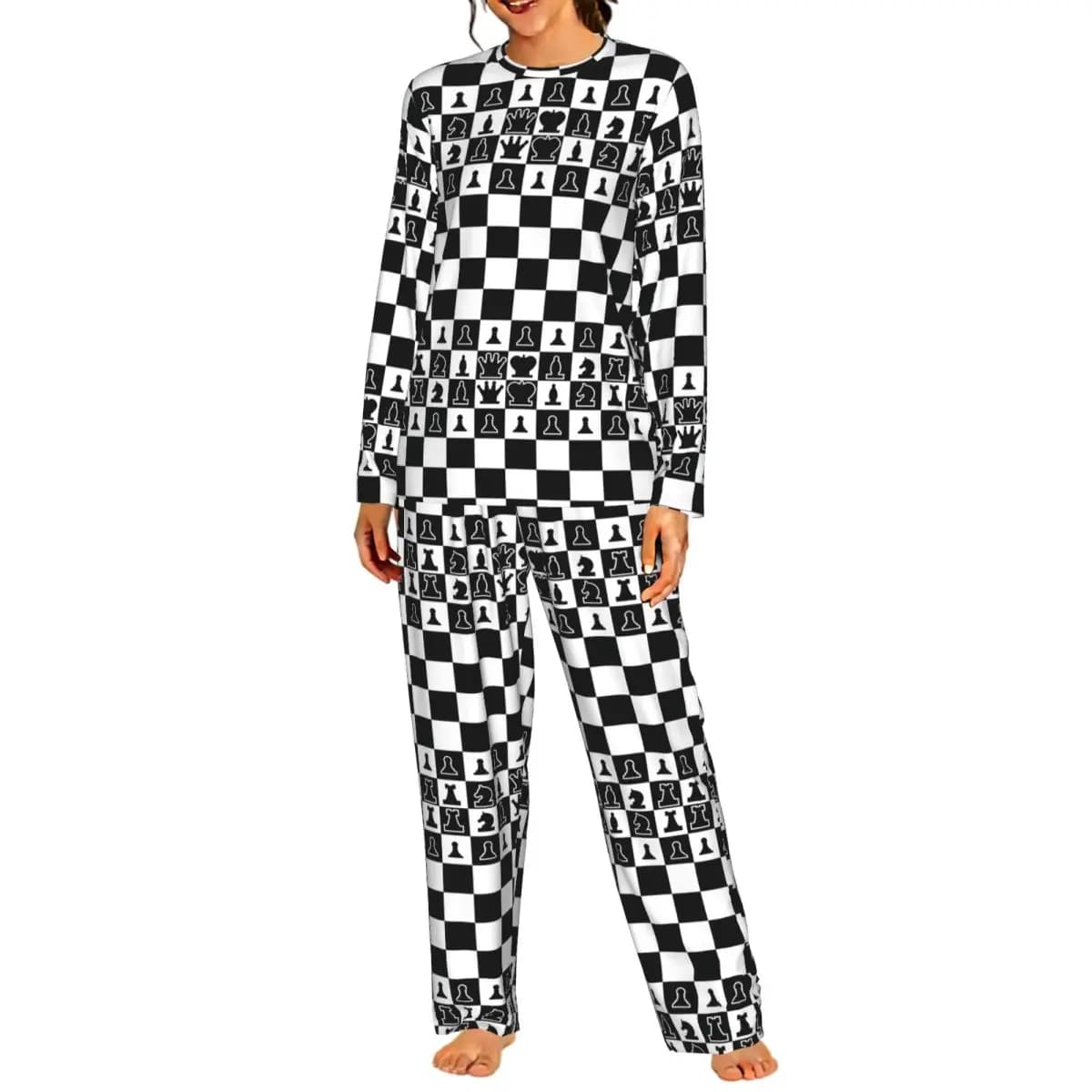 Chess Board Black And White Grid Checkered Round Neck Long Sleeve Nightgowns for Sleepshirts Women Soft Pajama Set Long Pants