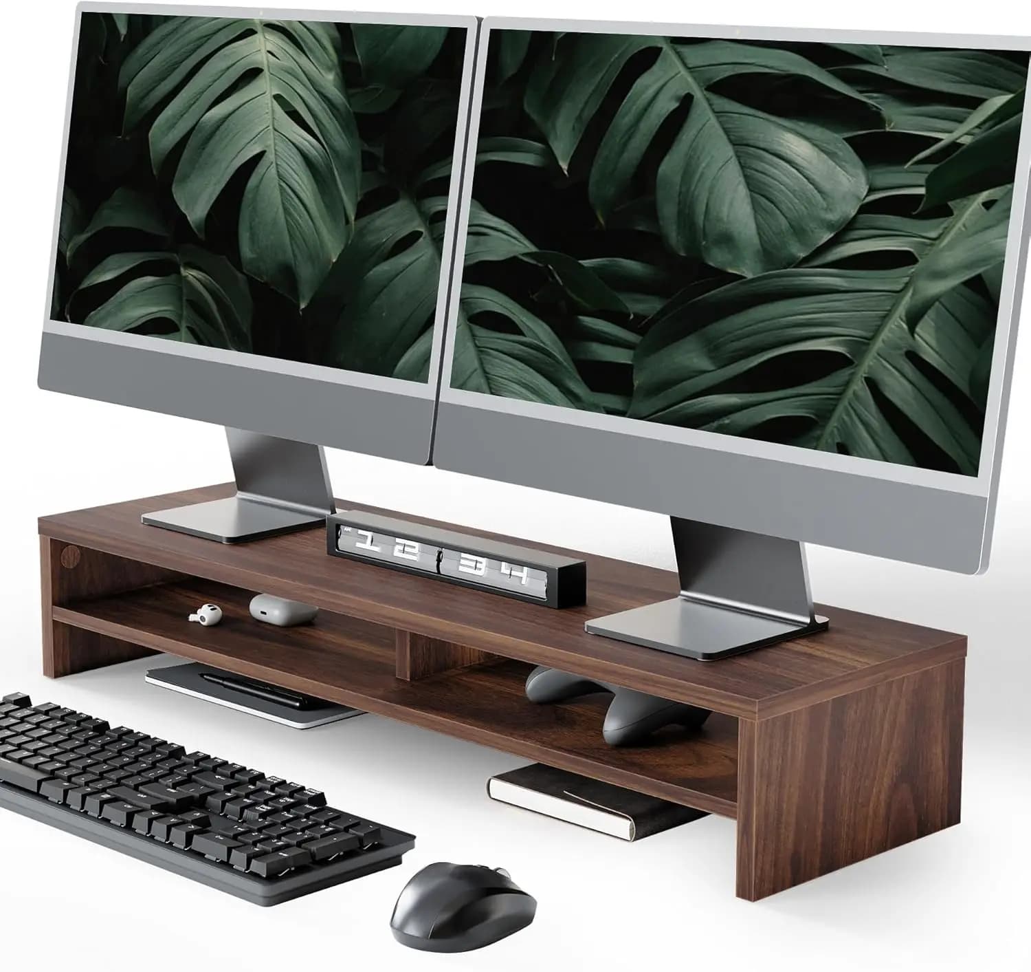 31.5 Inch Monitor Support with Wood Flooring 2 Levels, Desktop Organizer for Computers, Laptop, Printer