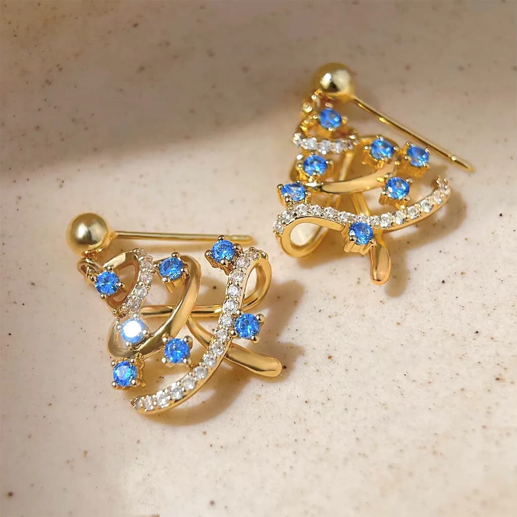 Orecchini con zirconi alla moda per albero di Natale Orecchini a bottone di nicchia di lusso in argento S925 scavati blu oceano e clip