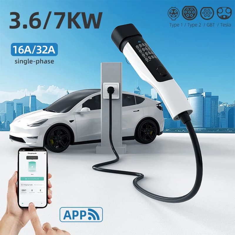 Minimalist Mode 2 32A 7KW 3.5kw Portable EV Charger Level 2 Electric Car Charging Station with Type 2 1 GB Plug APP Smart Home