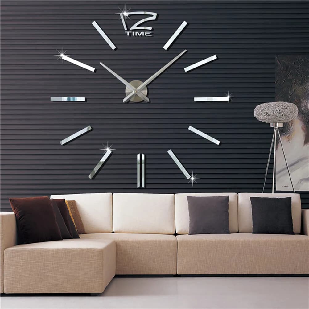 Large 3D Mirror Wall Clock Frameless Modern DIY Wall Sticker Clock for Bedroom Living Room Office Door Window Tile Decor Silver