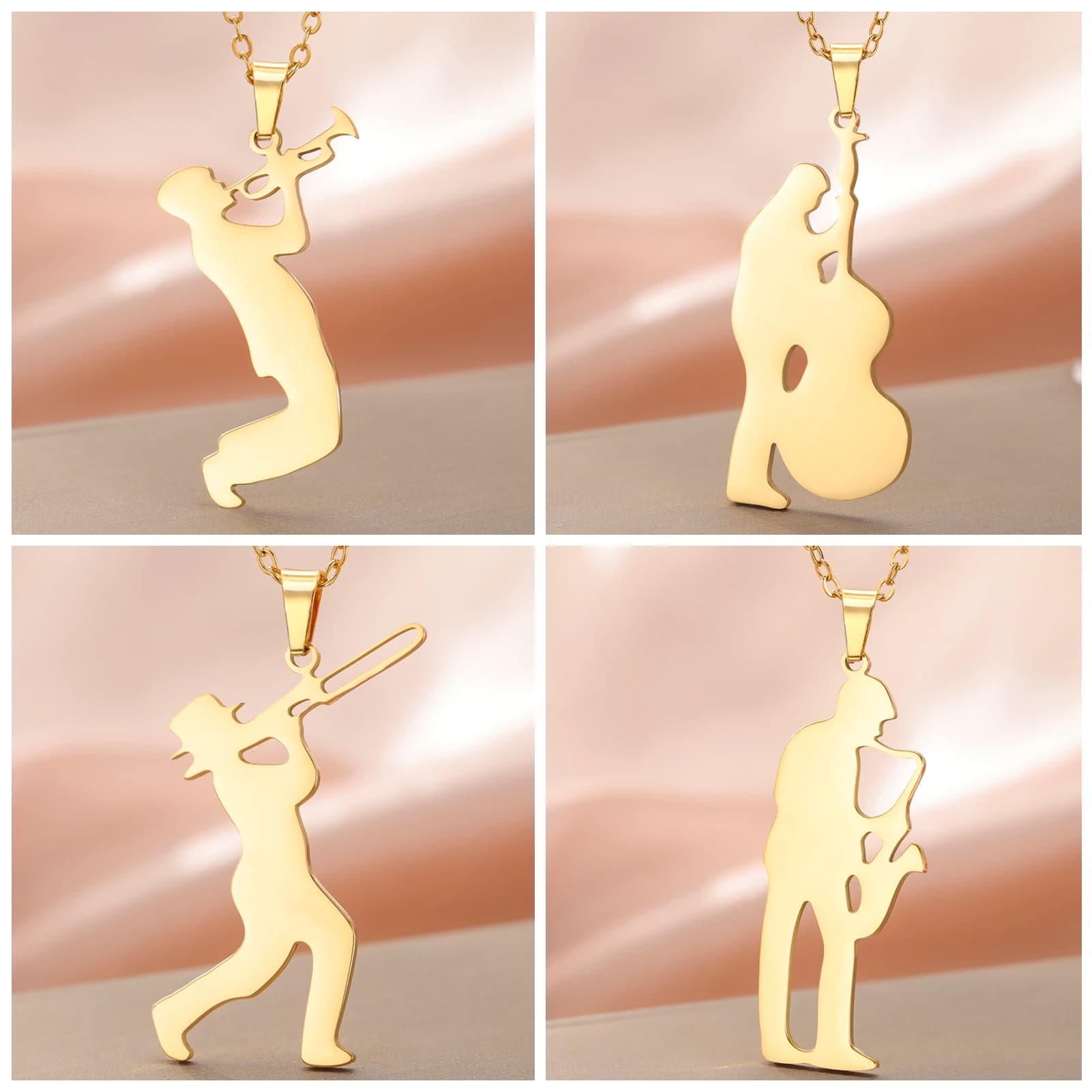 Unift Saxophone Trombone Trumpet Cello Musician Silhouette Necklace for Women Men Music Student Stainless Steel Jewelry Trendy