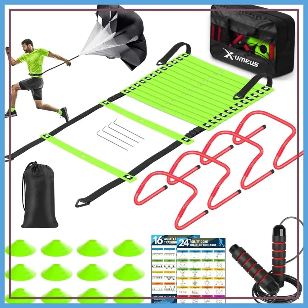 Set per Allenamento di Agilità e Velocità - Scala da 6 Metri, 12 Coni, 4 Ostacoli, Corda per Saltare, Paracadute per Calcio, Basket