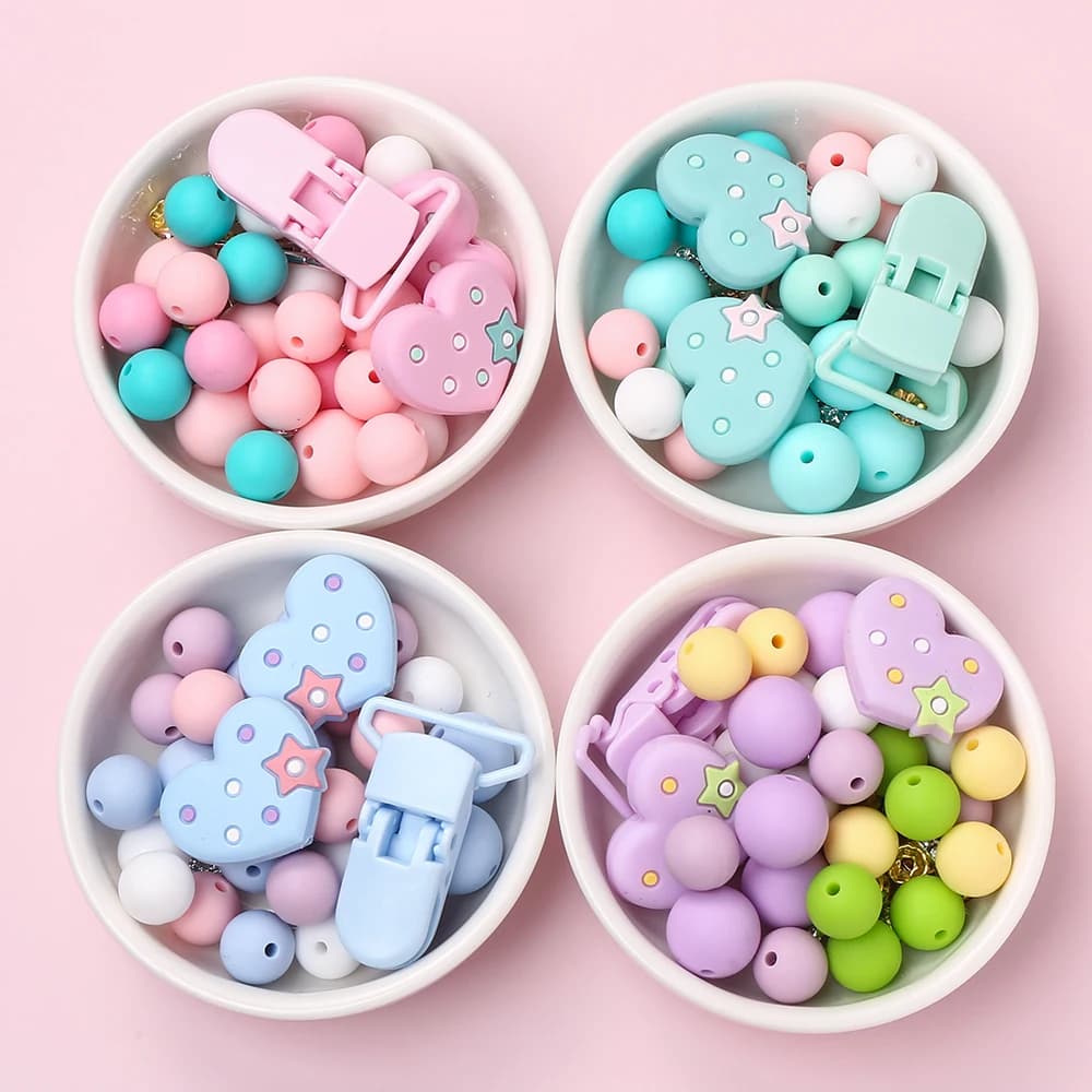 52 pezzi di perline in silicone set perline sfuse in silicone a forma di cuore per clip per capezzoli catena ciuccio porta ciuccio accessori per massaggiagengive