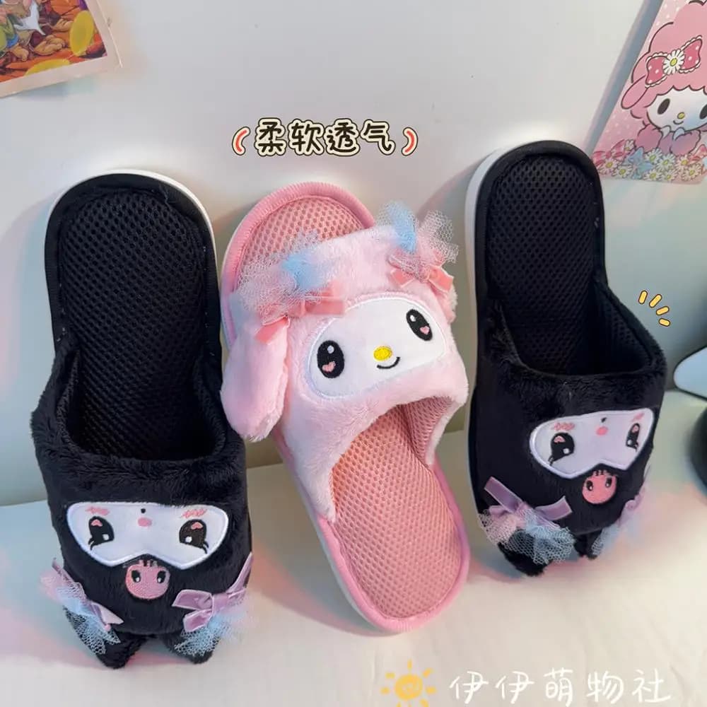 Pantofole in tessuto Kuromi a tema cartone animato, carine, giapponesi, da donna, My Melody, da interno, traspiranti, antiscivolo, a punta aperta
