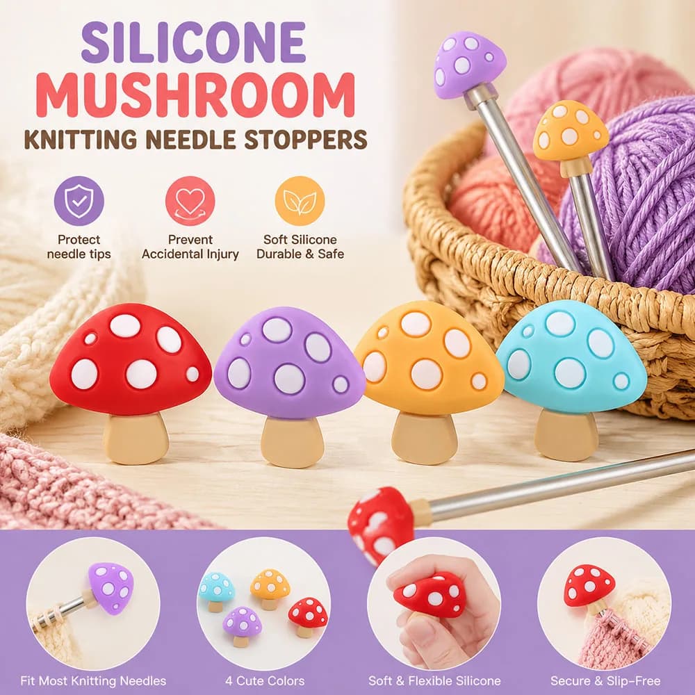 4 Pezzi Tappi Protettivi in Silicone a Forma di Fungo per Ferri da Maglia, Accessori per Lavori a Maglia e Filati