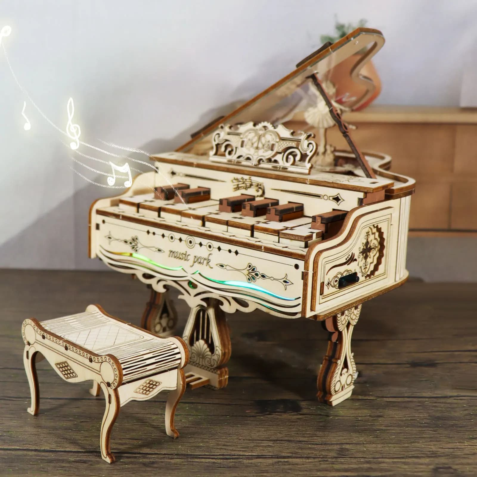 Puzzle in legno 3D Kit modello per adulti per costruire il carillon del pianoforte Può essere Paly con luci Regali per Natale