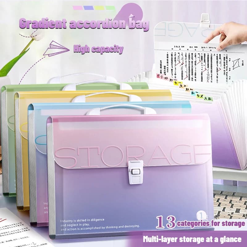 Borsa per fisarmonica portatile A4 a colori sfumati Kawaii Cartella a 13 strati Borsa per carta di prova per studenti Borsa per file informativi di grande capacità