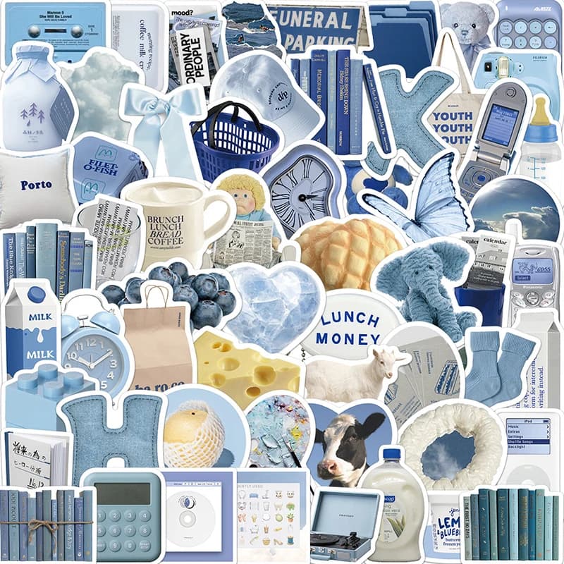 10/30/60PCS Cute Blue INS Sticker Aesthetic Sketchbook PVC Laptop Diary Decoration Scrapbooking School Stationery Supply