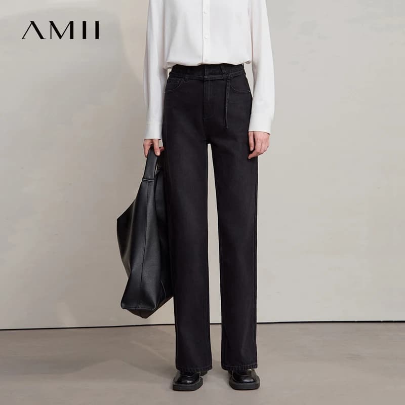 AMII Black Women's Jeans 2025 Winter New Removable Belt Straight Women's Pants Versatile Casual Solid Jeans Ladies 1254TM4064