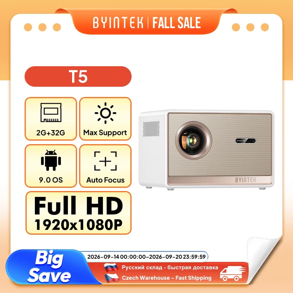 BYINTEK T5 Max Proiettore Full HD 1080P 4K 1000ANSI Android WiFi 6 Messa a fuoco automatica Proiettore Home Theater professionale per bassi per video