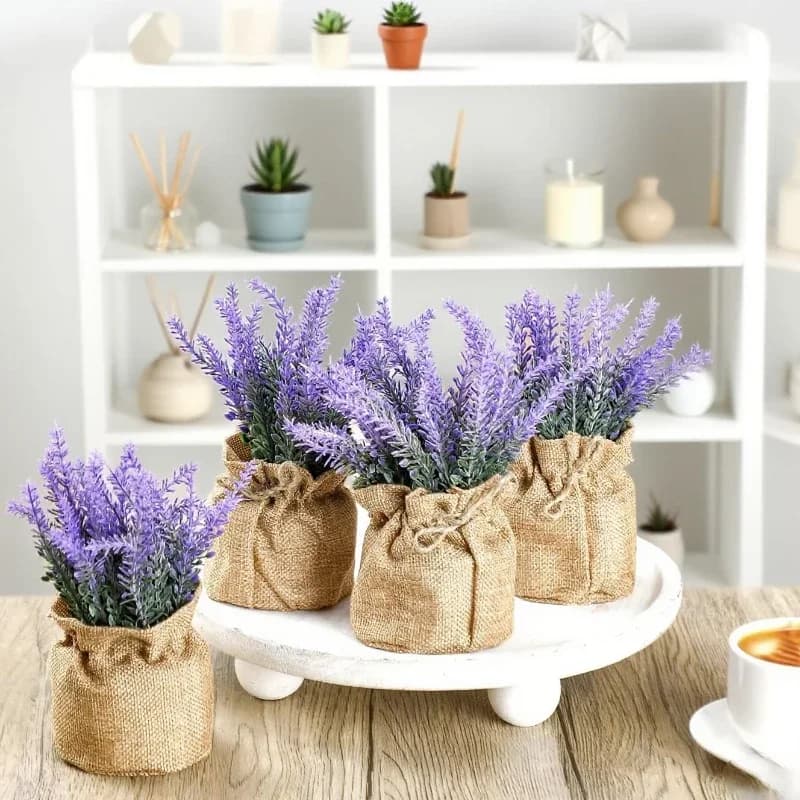 Artificial Lavender Plant, Small Lavender Flowers Fact in Ute Bag, Rustic Vase Plant for Kitchen Decoration and Farm Style House