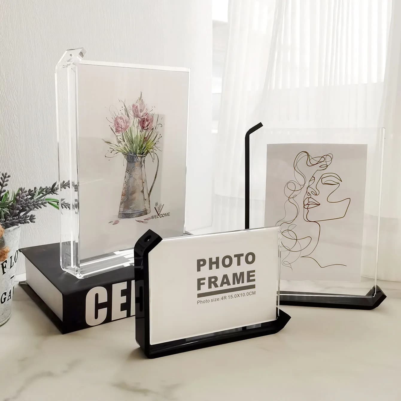 Cornice in acrilico Tavolo altalena Cornice per esposizione creativa trasparente fai-da-te Scatola per foto personalizzata su due lati Regalo commemorativo