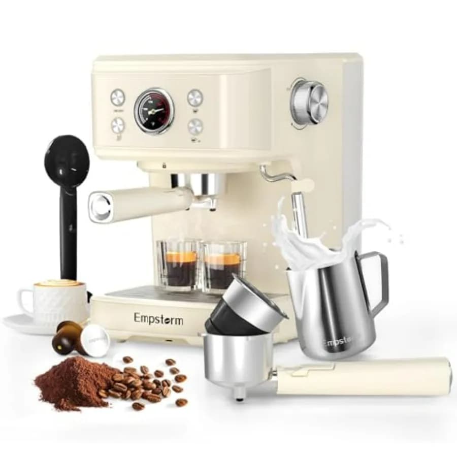 Macchina per Espresso 20 Bar 2 in 1 con Montalatte a Vapore per Latte e Cappuccino, Portafiltro per Polvere e Capsule, Contenitore Rimovibile da 50oz